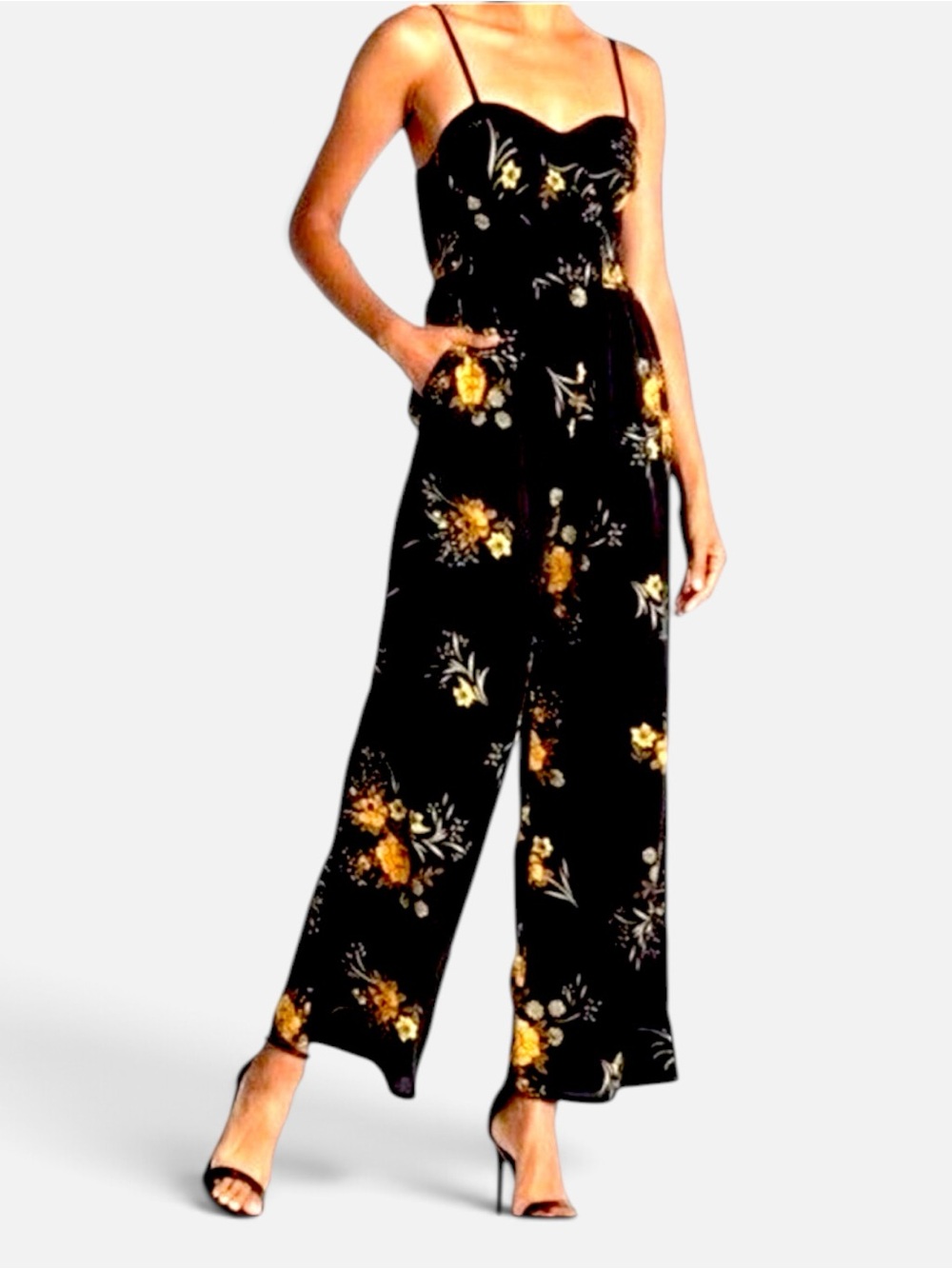 BAND OF GYPSIES Black orange cream teal floral jumpsuit with spaghetti straps SM